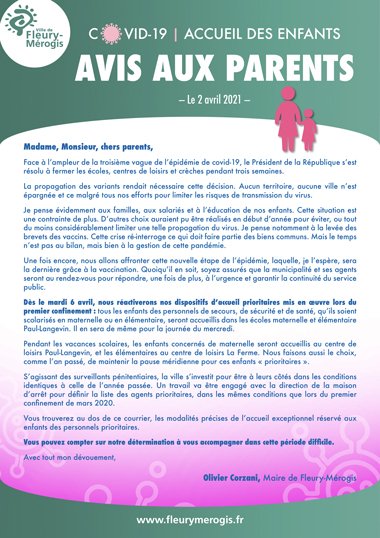 2021 04 02 COVID AVIS AUX PARENTS